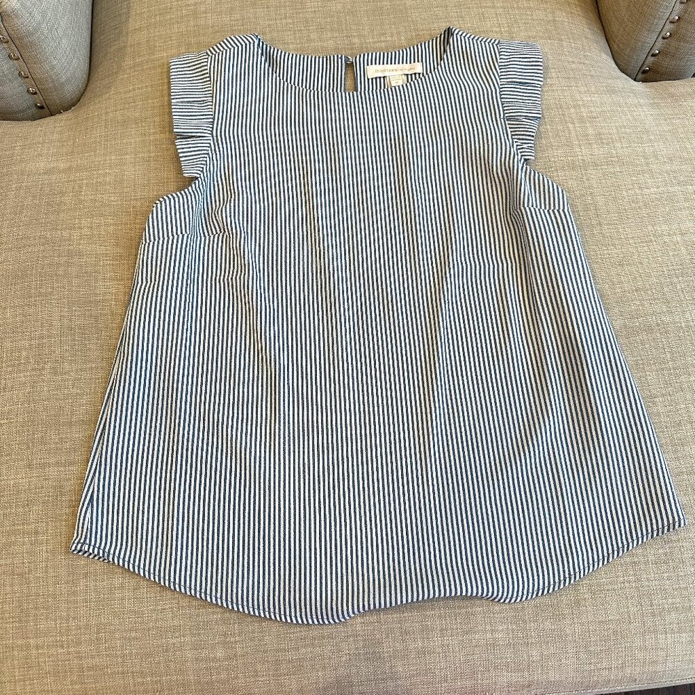 Women's Sleeveless Ruffled Blue and White Top s M Crew Neck Key Hole Back